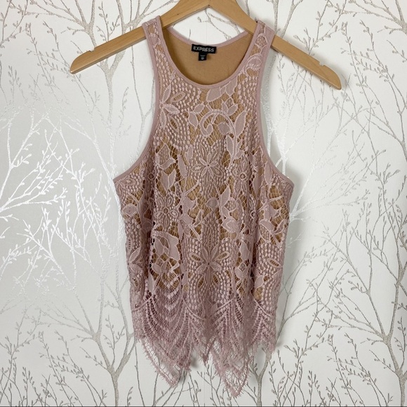 EXPRESS Y2K Pink Mauve Cotton Modal Lace Overlay Tank Top XS - Picture 3 of 10